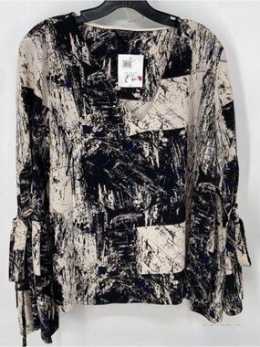 NWT Topshop Abstract Print V-Neck Tie-Sleeve Blouse in Cream and Black. Size 10